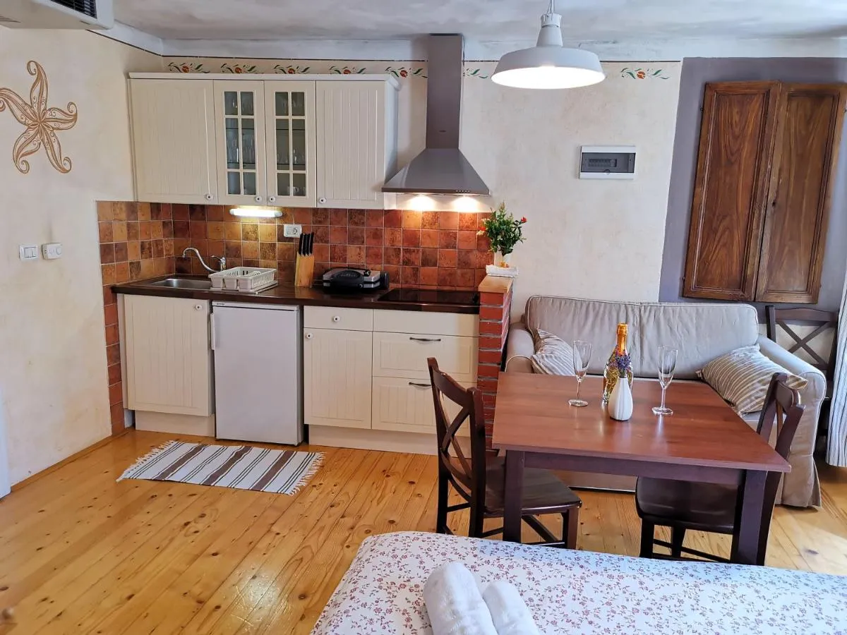 Apartma Estrella: kuhinja, miza in kavč, morska zvezda na steni